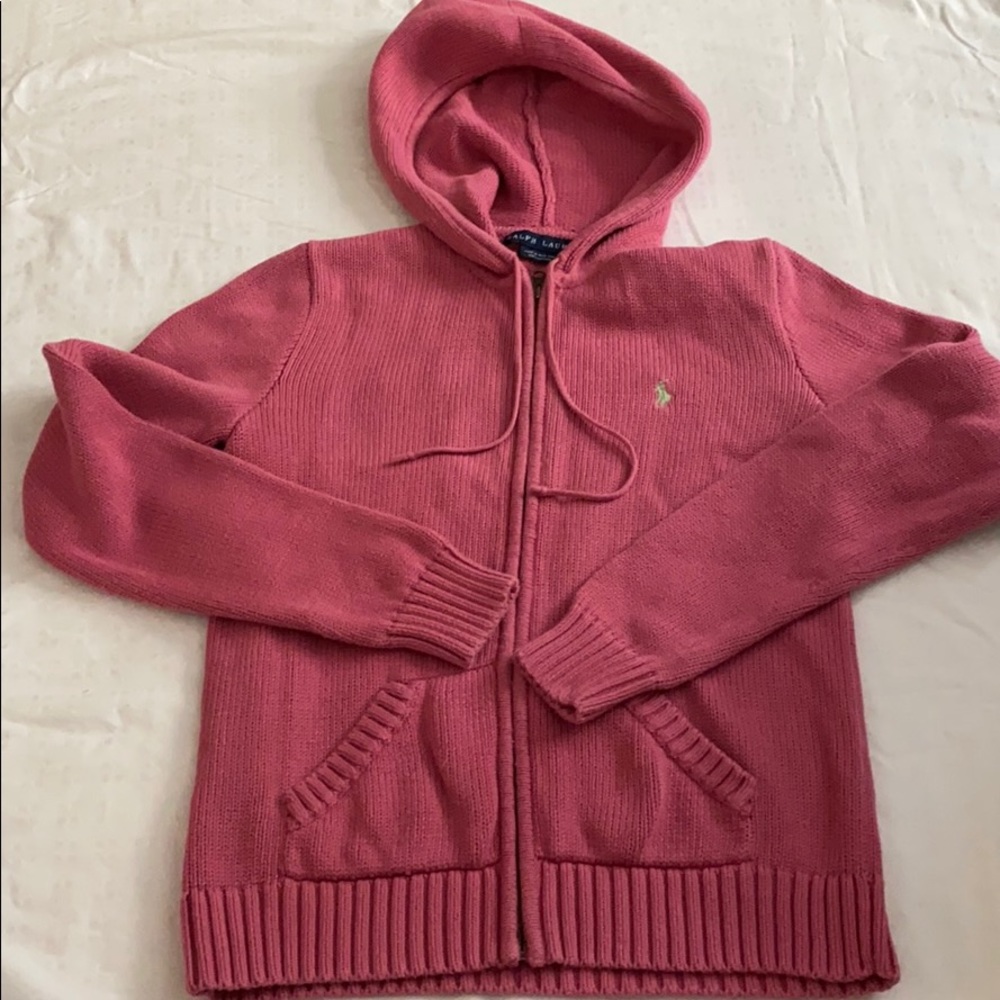 Ralph Lauren Hooded Sweater Rose Med Zip Front EUC